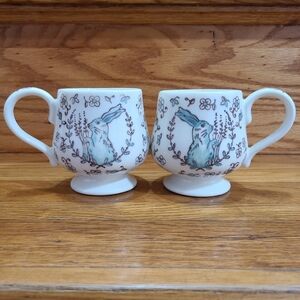 Anthropologie Turquoise Bunny Rabbit Hare Floral Pedestal Coffee Cup Mugs